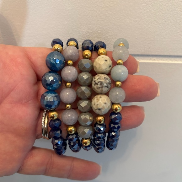 Accessories - Elegant Blue and Gold Hand-Designed Beaded Bracelet Stack